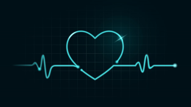 心電図モニターの緑色のチャート上のデジタル線はハート型になるように動きがあります 脈拍数と健康の概念についての図 プレミアムベクター