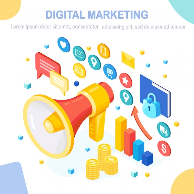 Digital marketing concept.  isometric megaphone, loudspeaker, bullhorn with money, graph, folder, sp