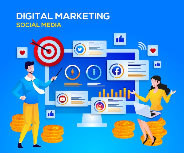 Premium Vector | Digital marketing social media and data analysis