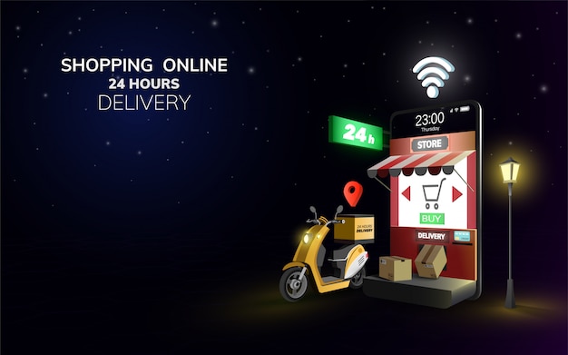  Digital online global delivery on scooter with phone, mobile at night background. concept for deliv