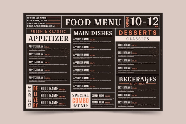 Free Vector Digital Restaurant Menu Horizontal Format