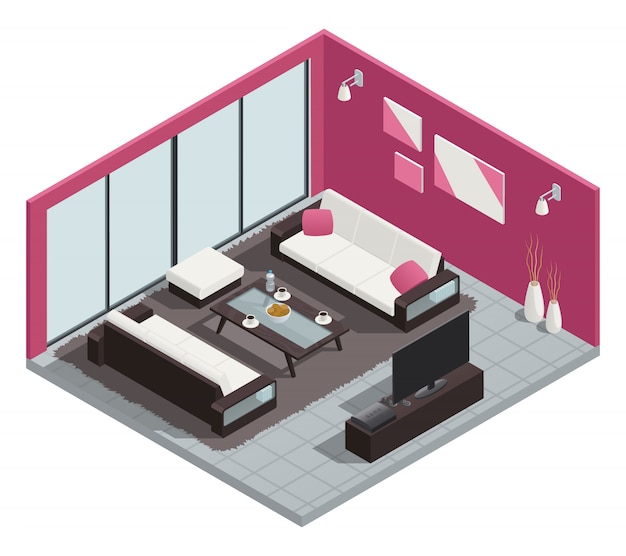 Free Vector | Dining room isometric composition with sofa table and windows