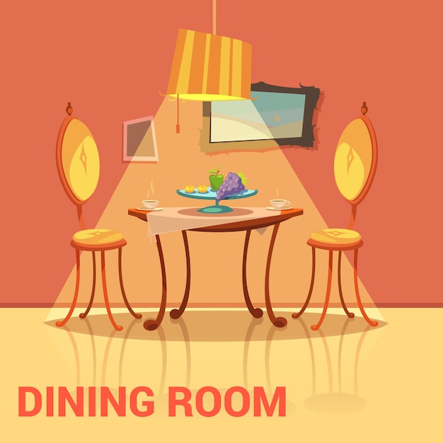 Dining room retro design with table chairs and picture cartoon Vector