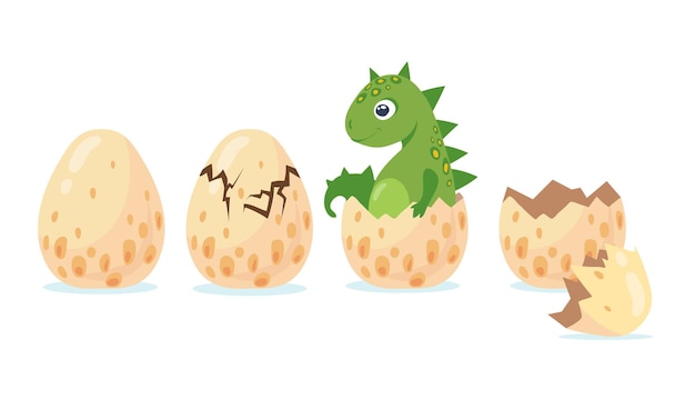 墜落した卵から孵化する恐竜またはドラゴン フラットイラスト 無料のベクター