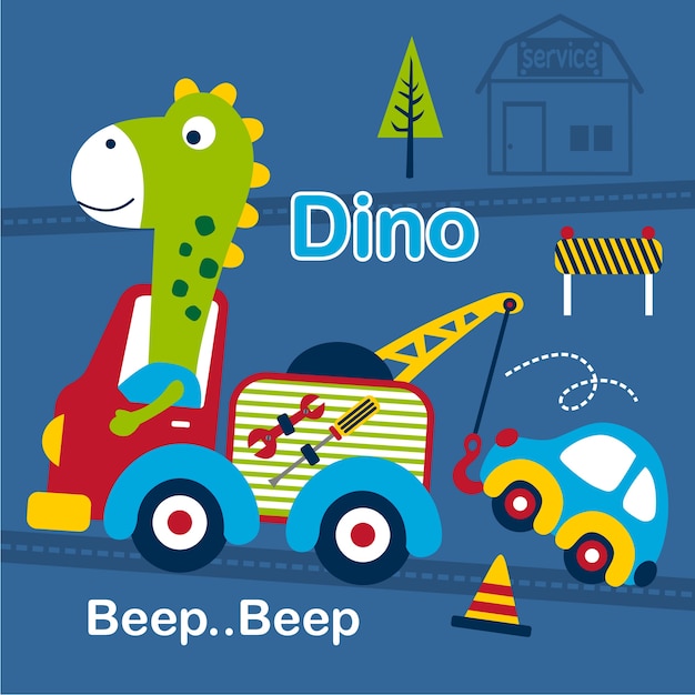 Dino and tow truck funny cartoon | Premium Vector