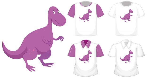 白い背景で隔離の紫色の半袖と別の白いシャツの恐竜漫画のキャラクターのロゴ 無料のベクター