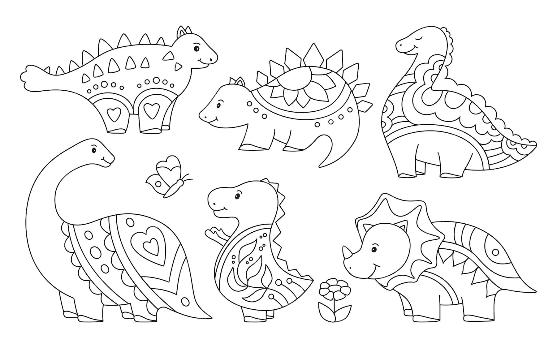 Premium Vector | Dinosaur childish doodle outline set reptile ...