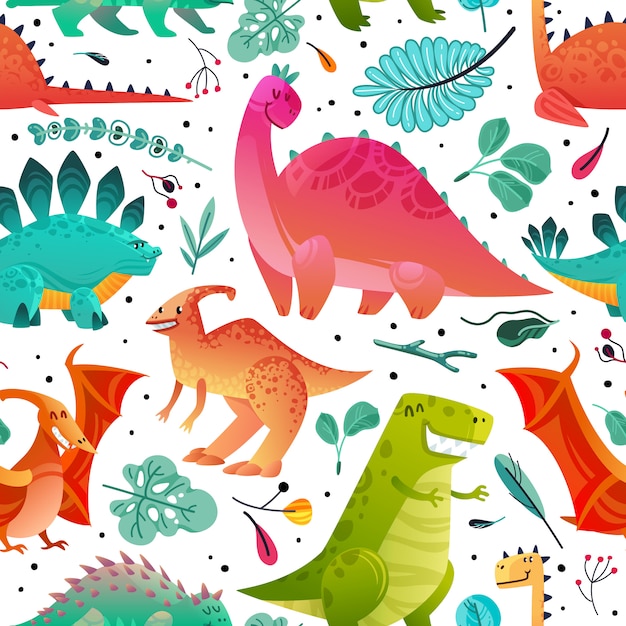 恐竜のシームレスなパターン 恐竜テキスタイルプリントドラゴン面白いモンスターかわいい動物子供壁紙色恐竜漫画テクスチャ プレミアムベクター