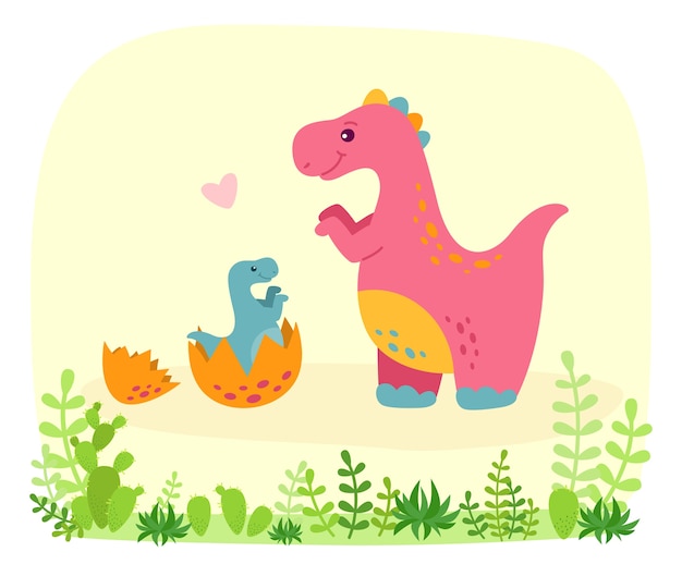 プレミアムベクター 赤ちゃん恐竜 漫画のスタイルを持つ恐竜 植物とサボテンの面白いティラノサウルスレックス カラフルなかわいい面白い子供のイラスト