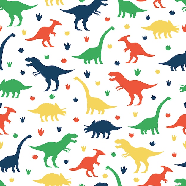恐竜と足跡は 壁紙 ラッピング パッキング および背景の白い背景の上のシームレスなパターンを漫画します プレミアムベクター