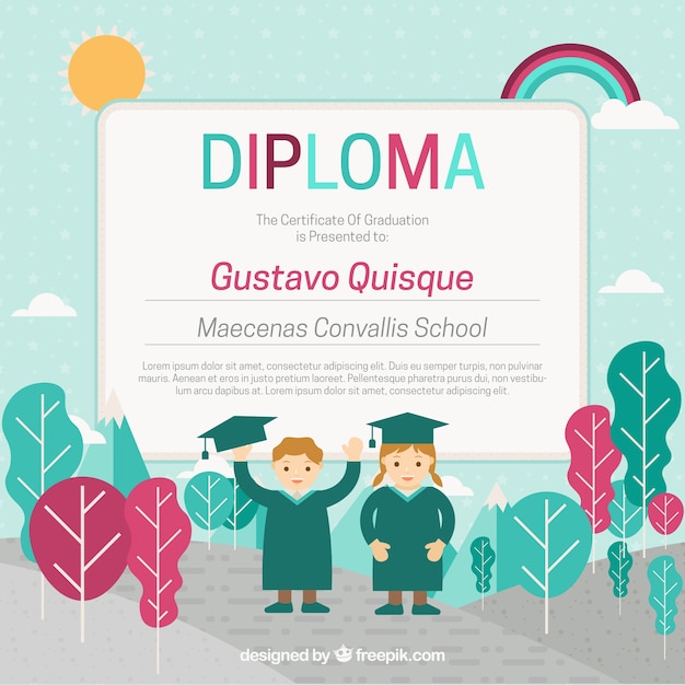 Diploma of children in nature with colored\
trees