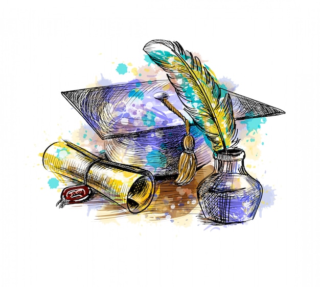 卒業式の帽子と水彩のスプラッシュからペンで手描きのスケッチの卒業証書 塗料のベクトルイラスト プレミアムベクター