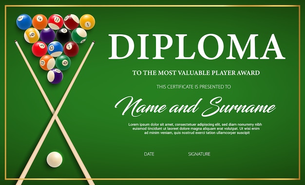 Premium Vector | Diploma for the winner of billiard tournament ...