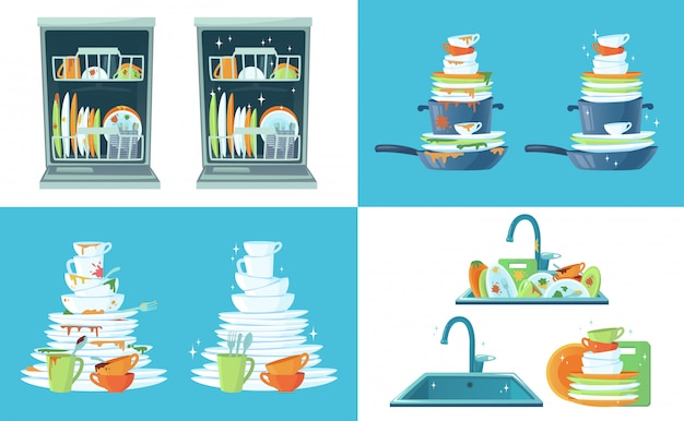 汚れたキッチン料理 空の皿 食器洗い機の皿 シンクの食器をきれいにします 皿洗い漫画イラスト プレミアムベクター