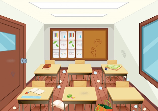 Dirty wooden classroom interior Premium Vector