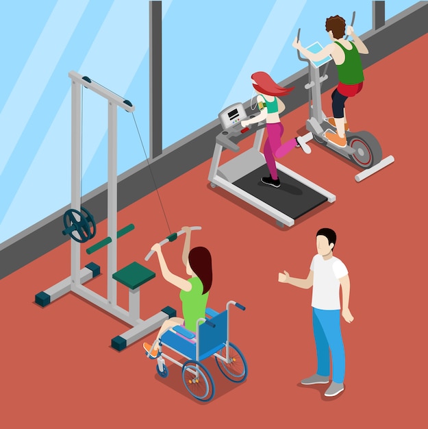 Premium Vector Disable Woman On Wheelchair Exercising In Gym Disability Isometric People