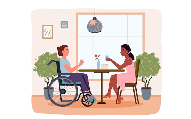 車椅子の障害のある少女の障害のある女性キャラクターと女性の飲酒 会話 友情 プレミアムベクター