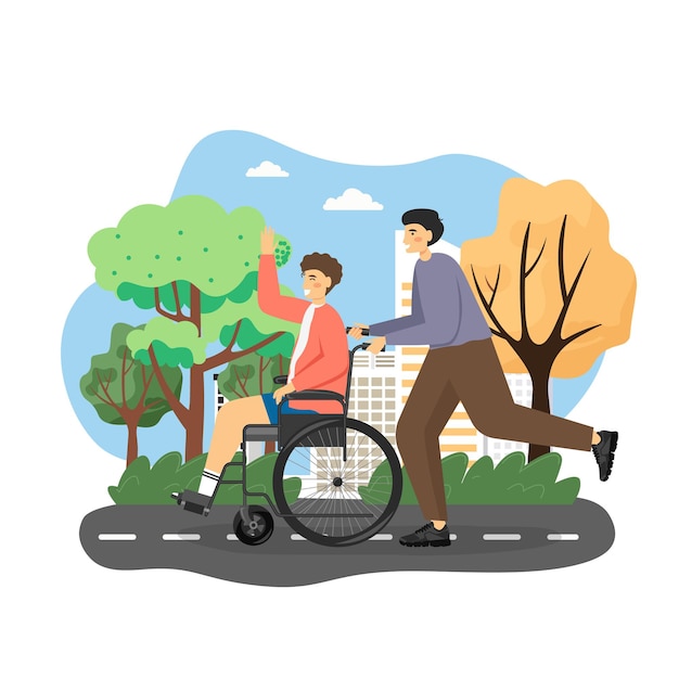 彼の友人 フラットベクトルイラストと都市公園で散歩を楽しんで車椅子を使用して障害者の男性 車椅子を押す若い男 プレミアムベクター