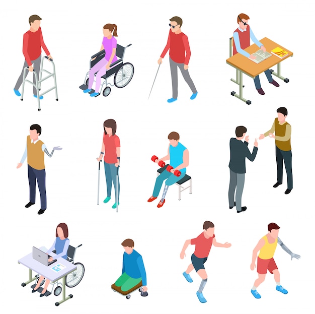 Premium Vector | Disabled people isometric. persons with injury in ...