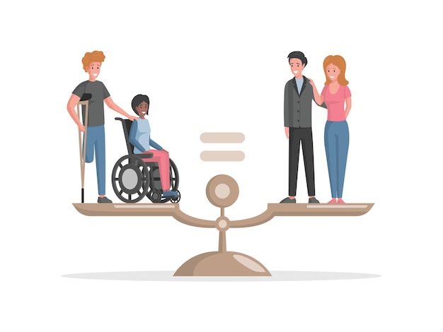 Premium Vector | Disabled people and valid people standing on scales ...