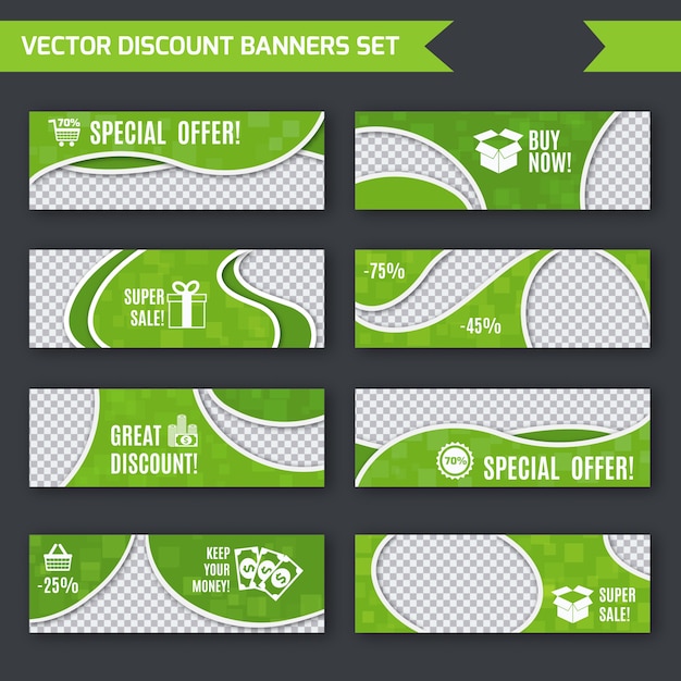 Discount promotion advertising green paper\
banners set isolated vector illustration