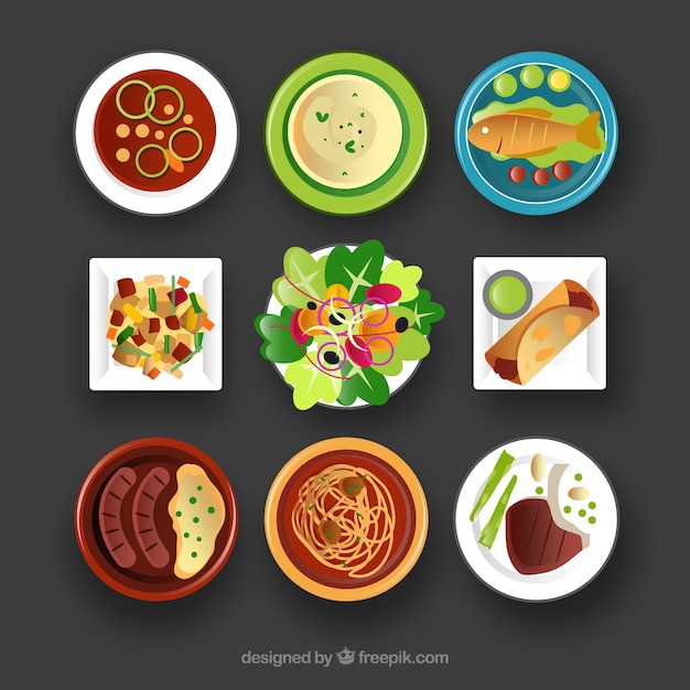 Dishes collection with different food