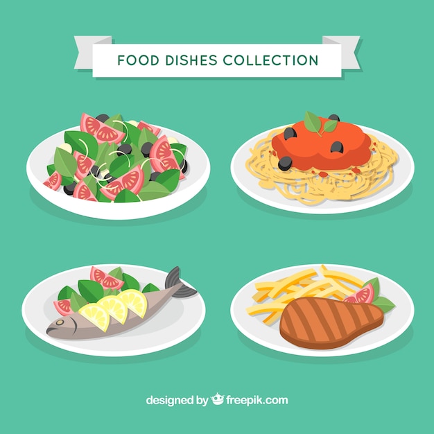Dishes collection with different food