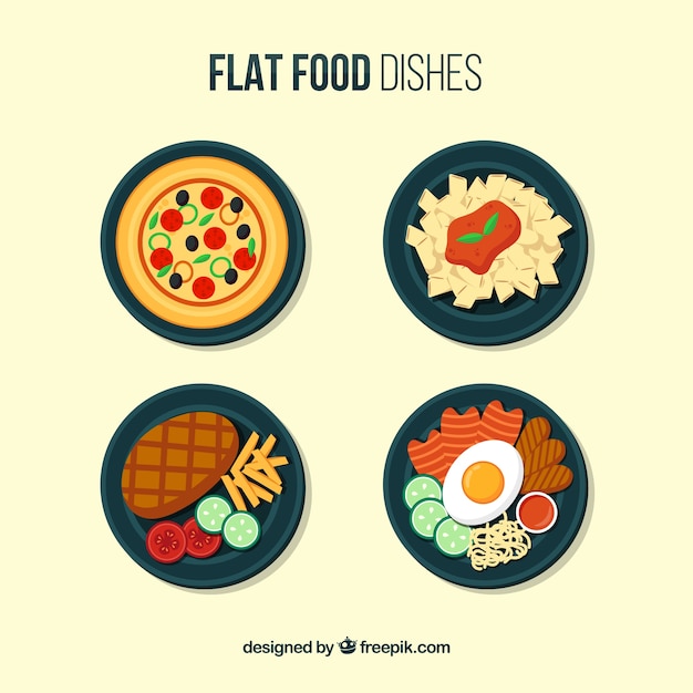 Dishes collection with food in top view