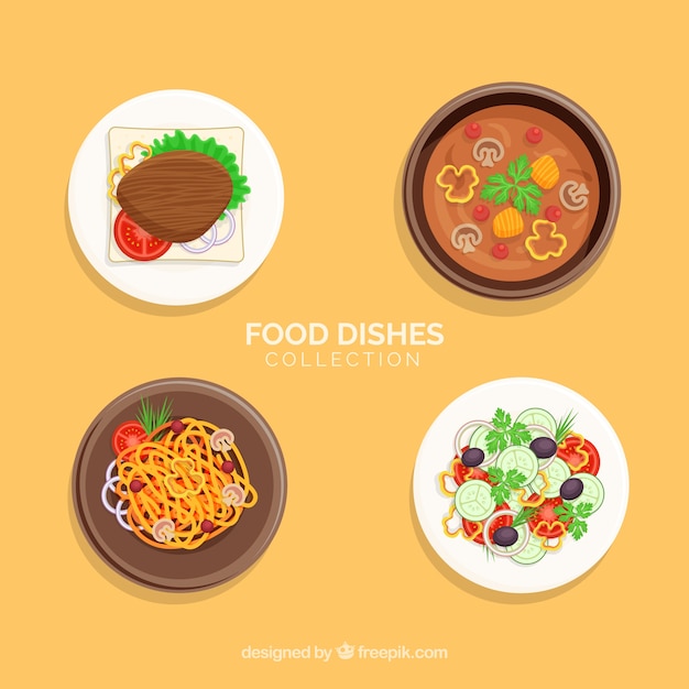 Dishes collection with food in top view