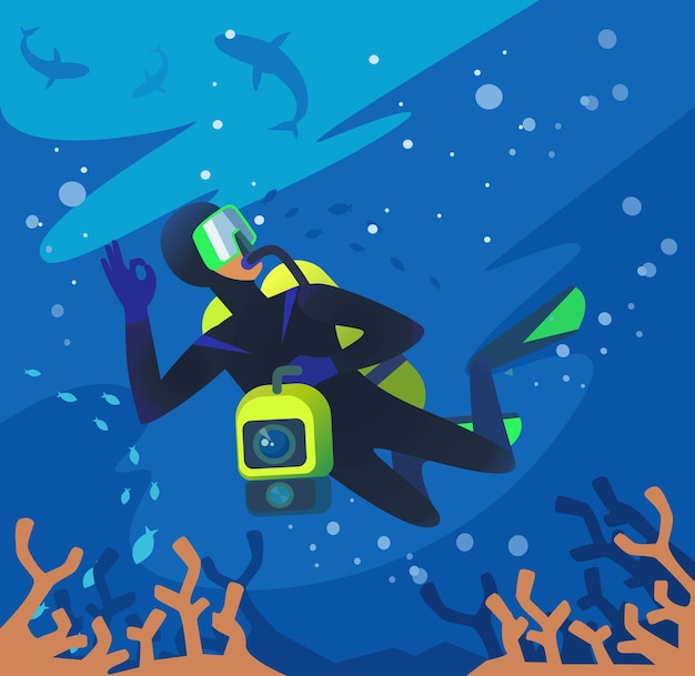 Premium Vector | Diver underwater.