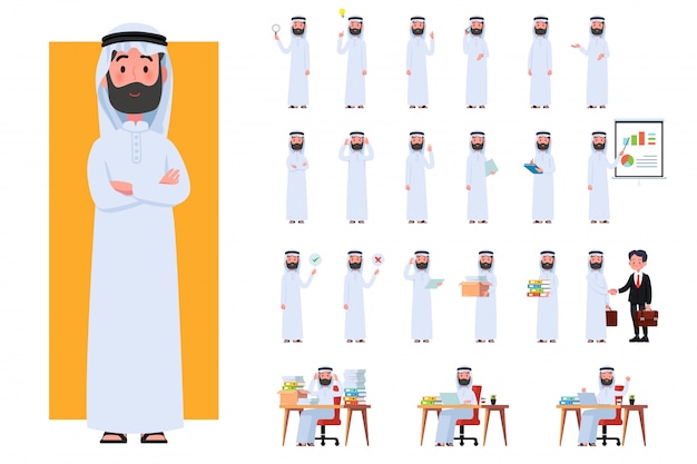 Diverse set of arab man on white. muslim businessman with gadgets in flat design people characters. 