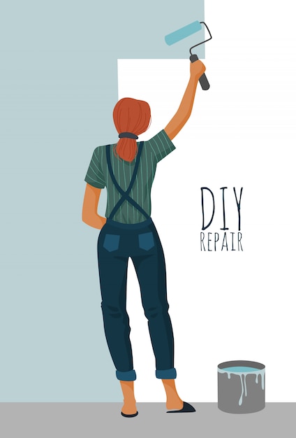 Premium Vector Diy Repair Woman Painting A Wall With A Paint Roller Cute Vector Illustration