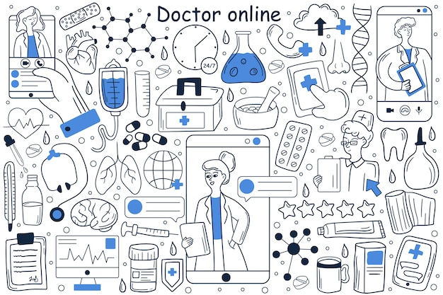 Premium Vector Doctor Online Doodle Set