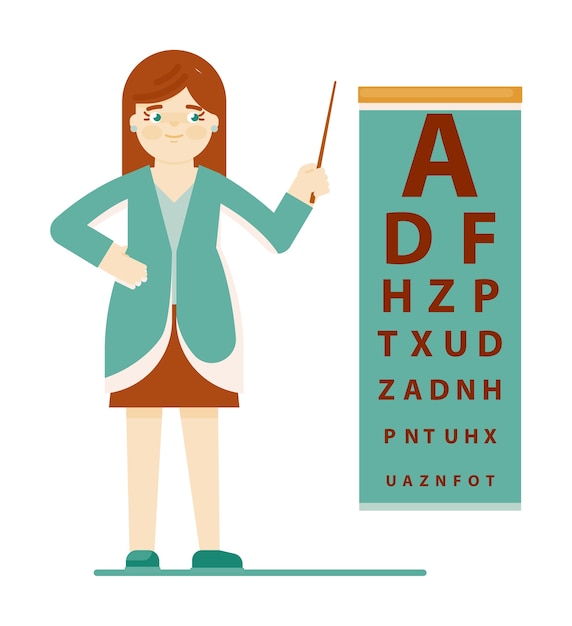 眼科医 白い背景で隔離の目のテストチャートを指す医師の眼科医の専門家 ビジョンヘルスケアと定期検査のイラスト プレミアムベクター