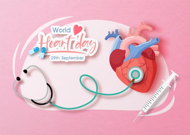 Premium Vector Doctor Stethoscope With A Human Heart And The Day And Name Of Event Banner On Abstract Shape And Pink Paper Pattern Background Poster Campaign Of World Heart Day In