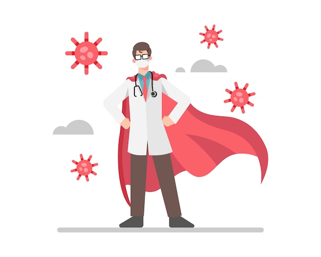 Premium Vector | A doctor wear red capes as super hero fighting with ...