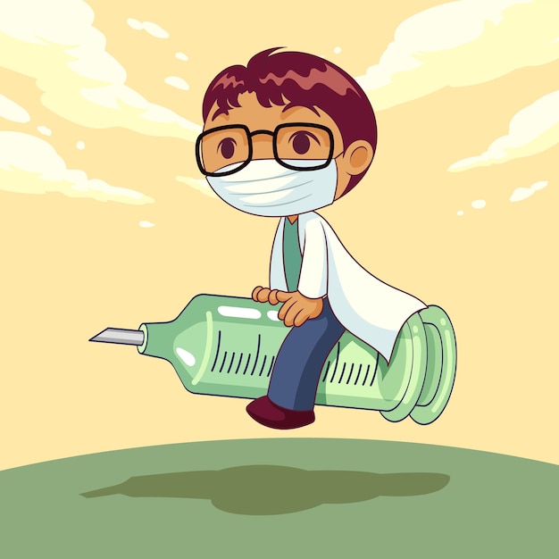 Premium Vector Doctor Wearing Medical Mask With Vaccine Cartoon Character Covid 19 Outbreak Medical Staff Illustration