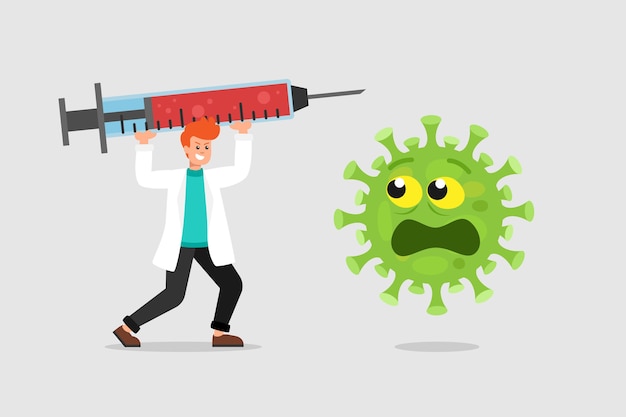 Premium Vector | Doctor with big syringe and scared virus