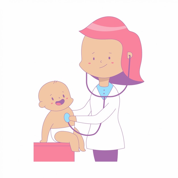 かわいい赤ちゃん医療イラストが白い背景で隔離の医師 プレミアムベクター