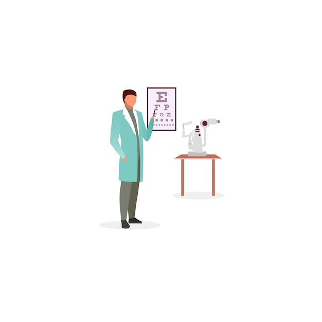 スネレン視力検査表フラットイラスト医師 眼科医が視力をチェックします 視力検査表の漫画のキャラクターを指している眼鏡 眼科検査 医療従事者 プレミアムベクター