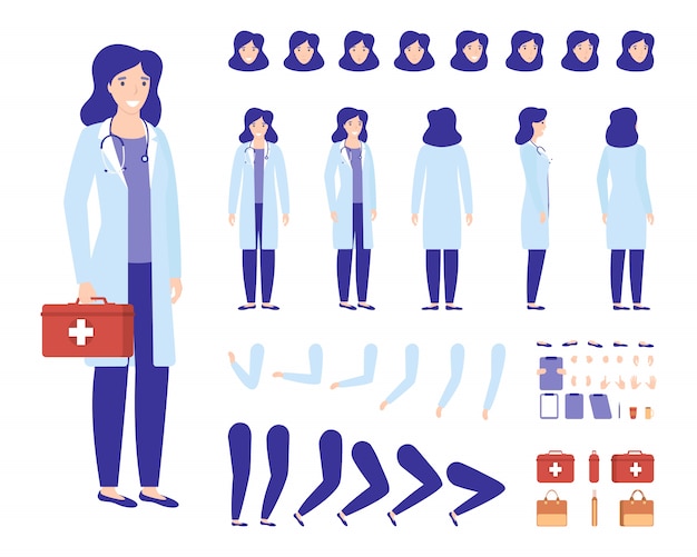 Doctor woman character constructor for animation  illustration set, medical cartoon female medicine 