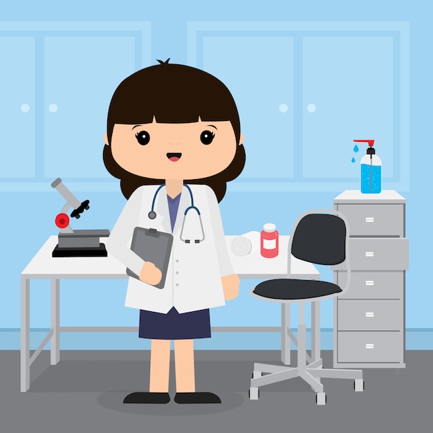 病院の部屋で働く医師の若い女性 イラスト漫画のキャラクターデザインの医療コンセプト プレミアムベクター