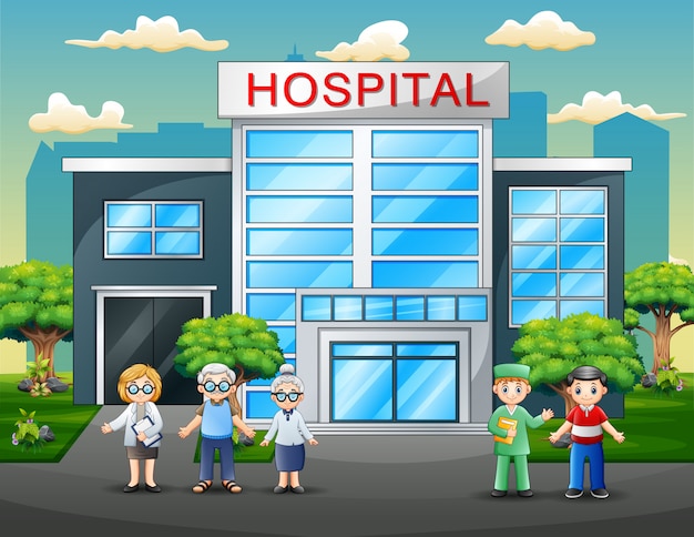 Premium Vector | Doctors and patients cartoon in front the hospital