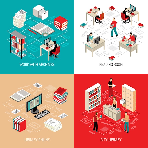 Document archive library isometric elements and characters Free Vector