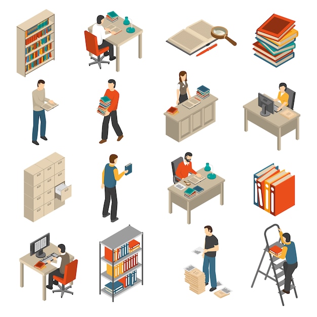 Documents archive library isometric icons set Free Vector