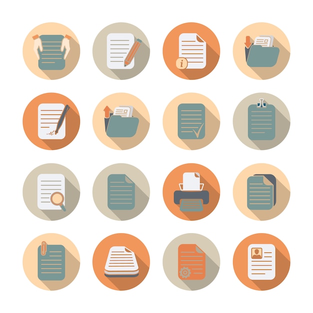 Documents folders and files processing and storage flat icons with shadow set isolated vector illustration Premium Vector