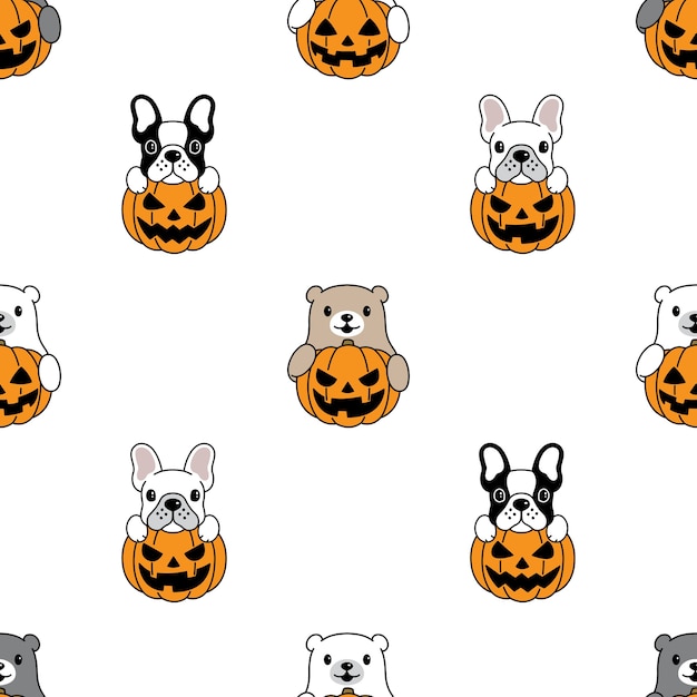 犬とクマの極シームレスパターンハロウィーンカボチャイラスト プレミアムベクター