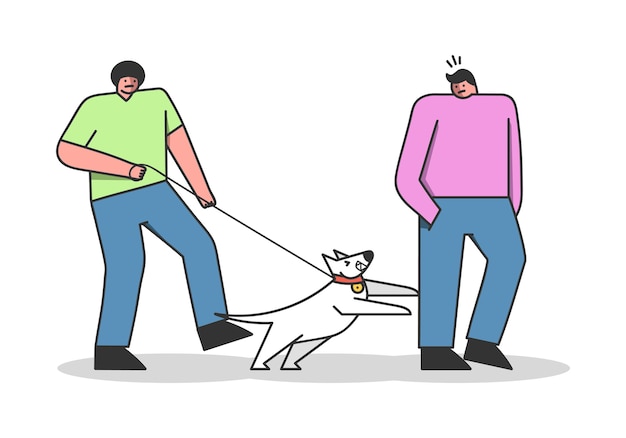 飼い主との散歩中に犬が男を攻撃します ひもにつないで吠え 人間を噛む漫画の犬 プレミアムベクター