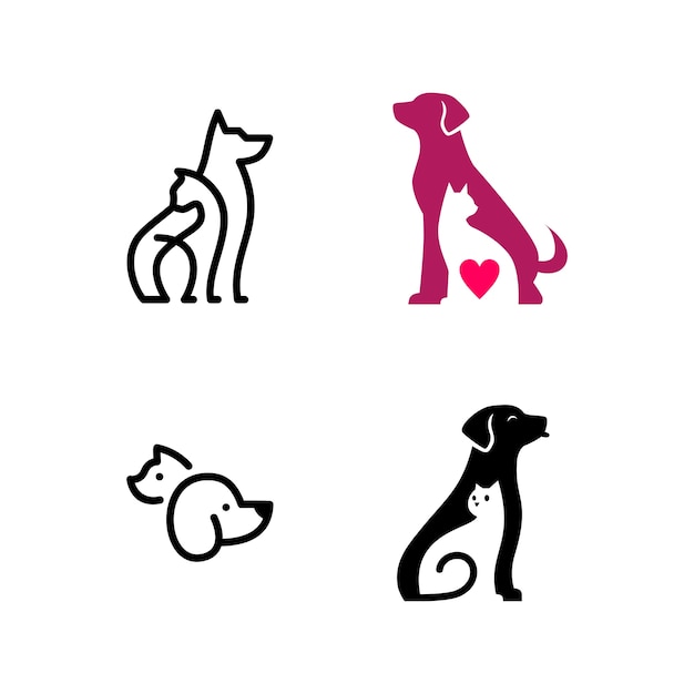 犬猫ペットネガティブスペースラインロゴアイコン プレミアムベクター