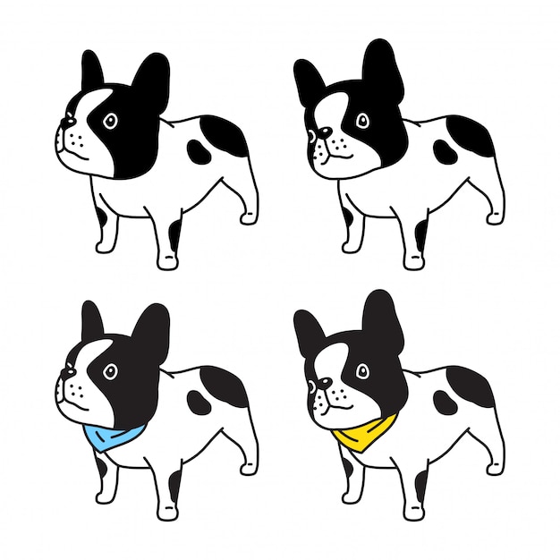 犬キャラフレンチブルドッグ首輪スカーフアイコン漫画イラスト プレミアムベクター